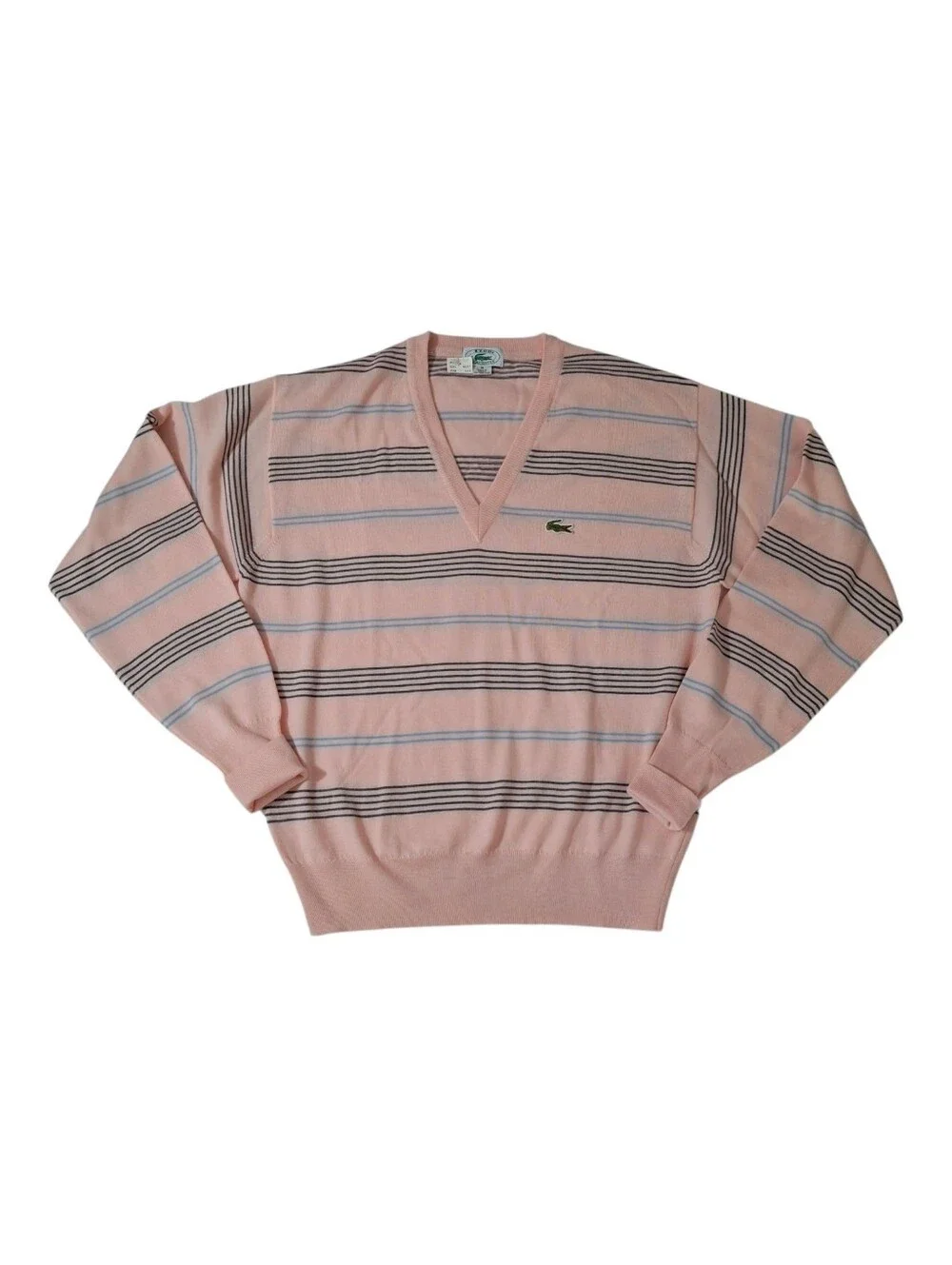 NOS Deadstock Vintage Men's Izod Lacoste Pink Grey Blue Stripe V-Neck Sweater